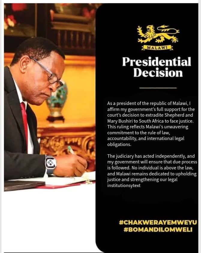 False information about President Lazarus Chakwera supporting extradition of Shepherd Bushiri and wife