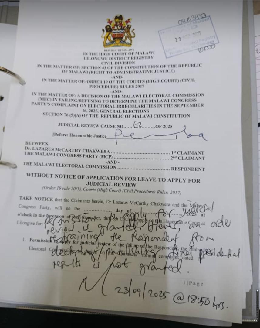 Court has indeed rejected Chakwera, MCP application to stop MEC from declaring results