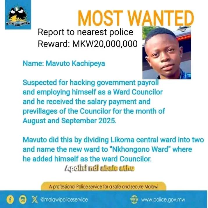 Fake poster claiming Malawi Police looking for man who hacked govt’s payroll, employed himself as ward councillor