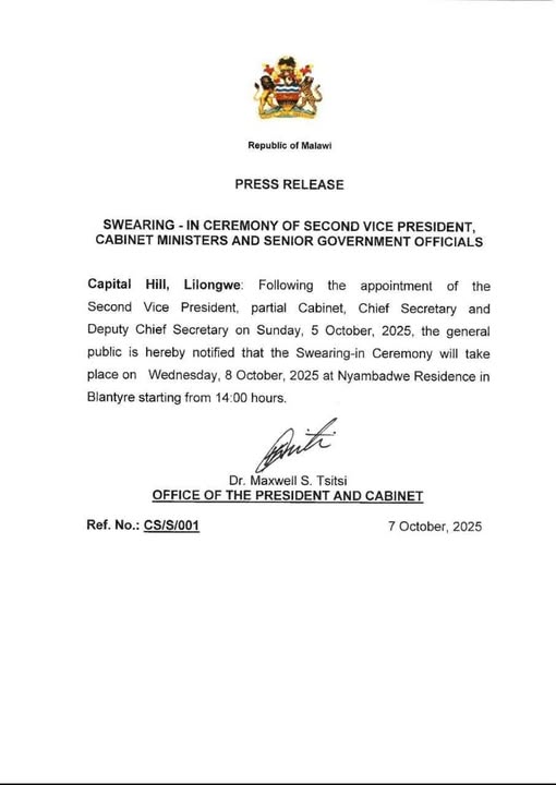 Swearing-in ceremony of Enoch Chihana, partial cabinet and others will indeed be at Nyambadwe Residence in Blantyre