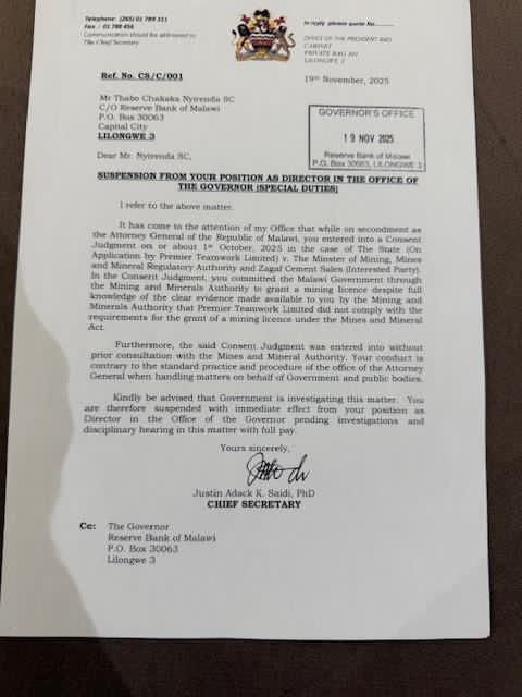 Immediate former Attorney General Thabo Chakaka-Nyirenda indeed suspended